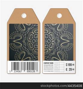Vector tags design on both sides, cardboard sale labels with barcode. Polygonal backdrop with golden connecting dots and lines, connection structure. Digital scientific background