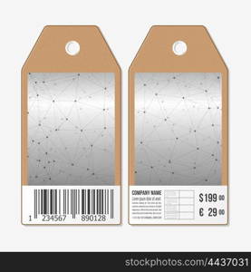 Vector tags design on both sides, cardboard sale labels with barcode. Molecule structure, connection vector, science polygonal background.