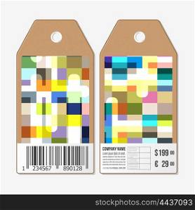 Vector tags design on both sides, cardboard sale labels with barcode. Abstract colorful business background, modern stylish vector texture.