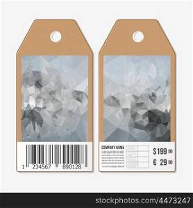 Vector tags design on both sides, cardboard sale labels with barcode. Abstract geometric colorful triangle design.