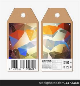 Vector tags design on both sides, cardboard sale labels with barcode. Abstract geometric colorful triangle design.