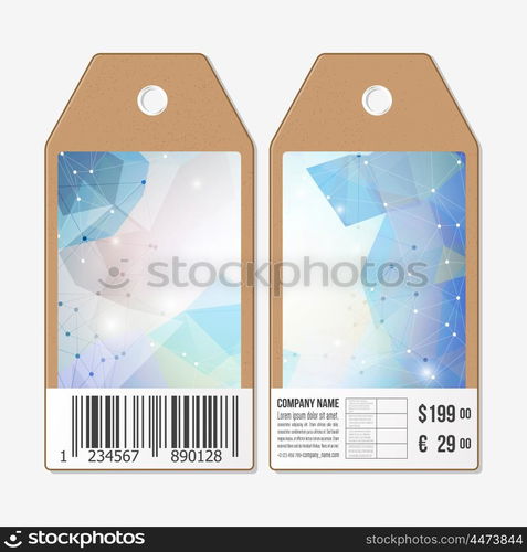 Vector tags design on both sides, cardboard sale labels with barcode. Abstract geometric colorful triangle design.