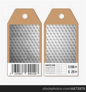 Vector tags design on both sides, cardboard sale labels with barcode. Polygonal design, geometric triangular backgrounds.