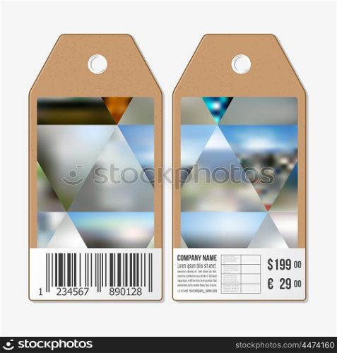 Vector tags design on both sides, cardboard sale labels with barcode. Abstract multicolored background, blurred nature landscapes, geometric vector, triangular style illustration.