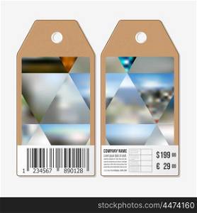 Vector tags design on both sides, cardboard sale labels with barcode. Abstract multicolored background, blurred nature landscapes, geometric vector, triangular style illustration.