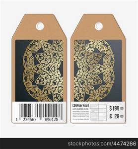 Vector tags design on both sides, cardboard sale labels with barcode. Golden microchip pattern on dark background with connecting dots and lines, connection structure. Digital scientific vector