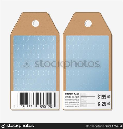 Vector tags design on both sides, cardboard sale labels with barcode. Chemistry pattern, hexagonal design vector illustration.