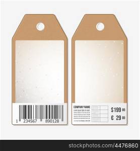Vector tags design on both sides, cardboard sale labels with barcode. Abstract polygonal low poly backdrop with connecting dots and lines, connection structure. Vector science background.