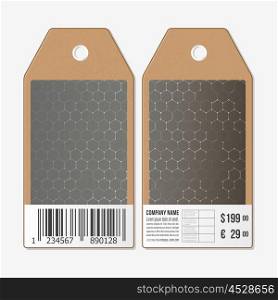 Vector tags design on both sides, cardboard sale labels with barcode. Chemistry pattern, hexagonal design vector illustration