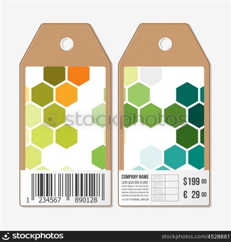 Vector tags design on both sides, cardboard sale labels with barcode. Abstract colorful business background, modern stylish hexagonal vector texture.