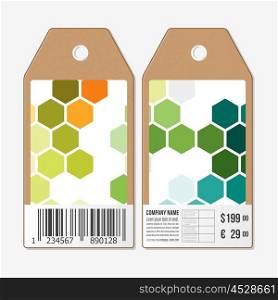 Vector tags design on both sides, cardboard sale labels with barcode. Abstract colorful business background, modern stylish hexagonal vector texture.
