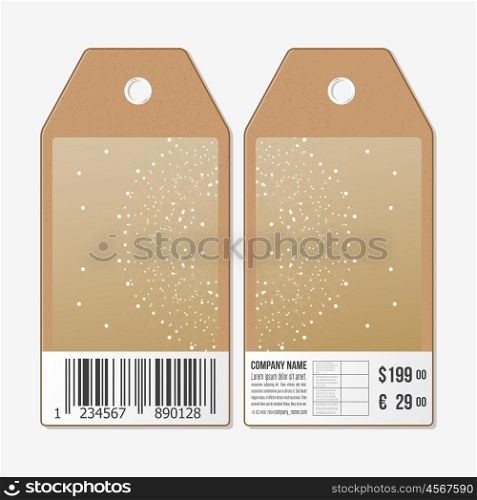 Vector tags design on both sides, cardboard sale labels with barcode. Abstract polygonal backdrop with connecting dots and lines, golden background, connection structure. Digital or science vector
