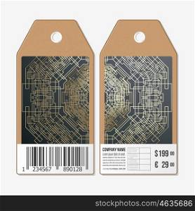Vector tags design on both sides, cardboard sale labels with barcode. Golden technology pattern on dark background with connecting lines and dots, connection structure. Digital scientific vector