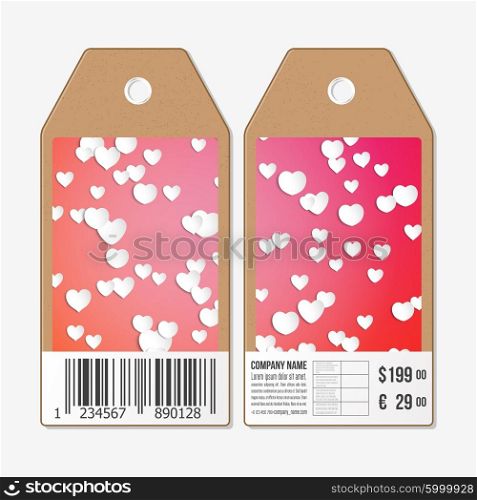 Vector tags design on both sides, cardboard sale labels with barcode. White paper hearts, red vector background, Valentines day decoration.