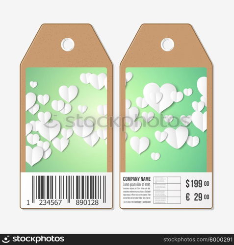 Vector tags design on both sides, cardboard sale labels with barcode. White paper hearts, green vector background, Valentines day decoration.