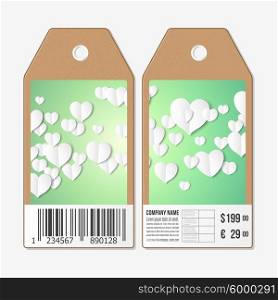 Vector tags design on both sides, cardboard sale labels with barcode. White paper hearts, green vector background, Valentines day decoration.