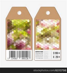 Vector tags design on both sides, cardboard sale labels with barcode. Polygonal design vector, colorful geometric hexagonal backgrounds.