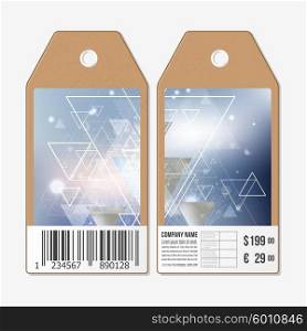 Vector tags design on both sides, cardboard sale labels with barcode. Abstract blurred background, triangles, lines and dots.