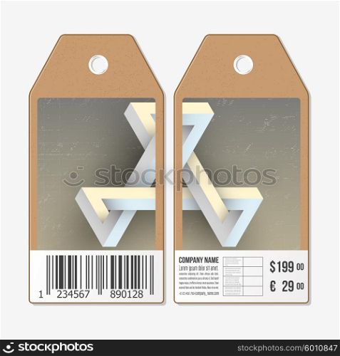 Vector tags design on both sides, cardboard sale labels with barcode. Unreal impossible geometric figure, abstract pattern.
