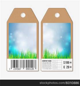 Vector tags design on both sides, cardboard sale labels with barcode. Spring background with blue sky and green grass.