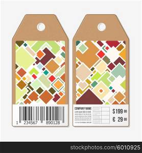 Vector tags design on both sides, cardboard sale labels with barcode. Abstract colored background, square design vector illustration.