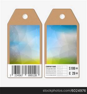 Vector tags design on both sides, cardboard sale labels with barcode. Polygonal design, geometric triangular backgrounds.