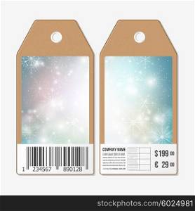 Vector tags design on both sides, cardboard sale labels with barcode. Blue abstract winter background with snowflakes.
