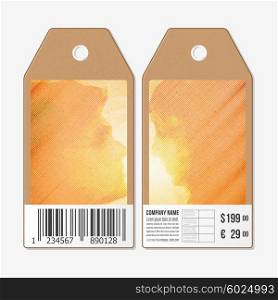 Vector tags design on both sides, cardboard sale labels with barcode. Loving couple kissing at sunset, beautiful vector background.