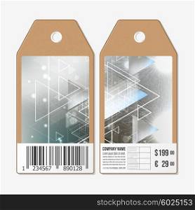 Vector tags design on both sides, cardboard sale labels with barcode. Abstract blurred vector background with triangles, lines and dots.