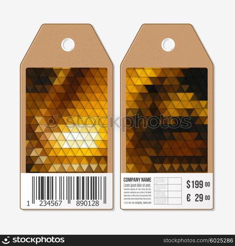 Vector tags design on both sides, cardboard sale labels with barcode. Polygonal design, colorful geometric triangular backgrounds.