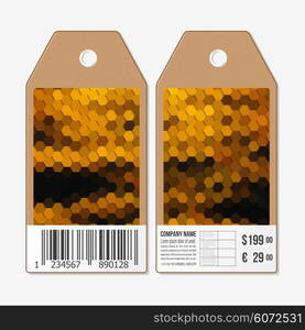 Vector tags design on both sides, cardboard sale labels with barcode. Polygonal design vector, colorful geometric hexagonal backgrounds.