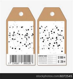 Vector tags design on both sides, cardboard sale labels with barcode. Molecule structure, connection vector, science polygonal background.
