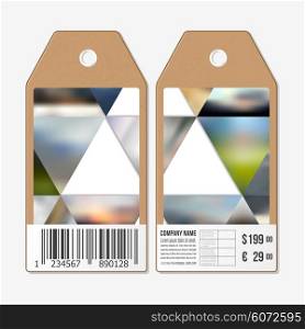 Vector tags design on both sides, cardboard sale labels with barcode. Abstract multicolored background of blurred nature landscapes, geometric vector, triangular style illustration.
