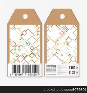 Vector tags design on both sides, cardboard sale labels with barcode. Abstract colored background, square design vector illustration.