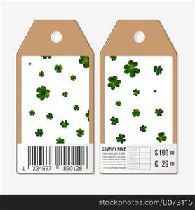 Vector tags design on both sides, cardboard sale labels with barcode. St Patricks day vector background, green clovers on white