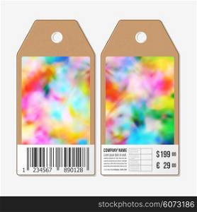 Vector tags design on both sides, cardboard sale labels with barcode. Colorful background, Holi celebration, vector illustration.