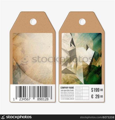 Vector tags design on both sides, cardboard sale labels with barcode. Conceptual design, abstract 3D pyramid, vector illustration.