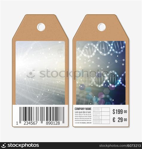 Vector tags design on both sides, cardboard sale labels with barcode. DNA molecule structure on blue background. Science vector background.