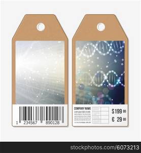 Vector tags design on both sides, cardboard sale labels with barcode. DNA molecule structure on blue background. Science vector background.