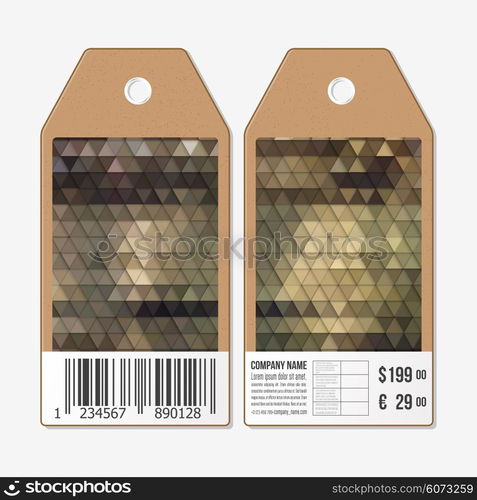 Vector tags design on both sides, cardboard sale labels with barcode. Polygonal design, colorful geometric triangular backgrounds.