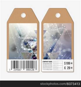Vector tags design on both sides, cardboard sale labels with barcode. DNA molecule structure on a blue background. Science vector background.