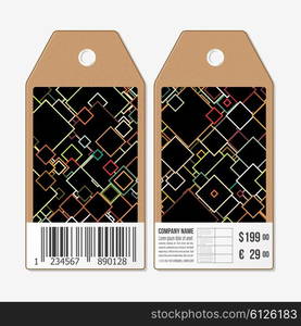 Vector tags design on both sides, cardboard sale labels with barcode. Abstract colored background, square design vector illustration.