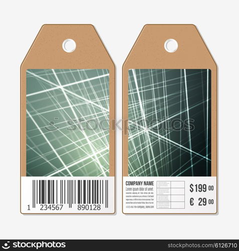 Vector tags design on both sides, cardboard sale labels with barcode. Vector illustration of glowing lines, abstract futuristic background.