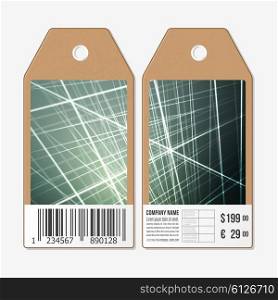 Vector tags design on both sides, cardboard sale labels with barcode. Vector illustration of glowing lines, abstract futuristic background.