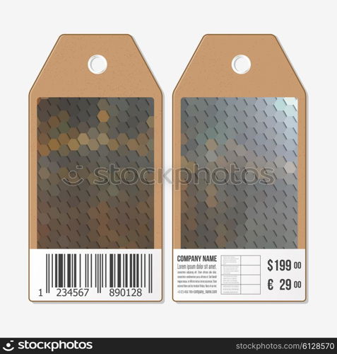 Vector tags design on both sides, cardboard sale labels with barcode. Polygonal design vector, geometric hexagonal backgrounds.