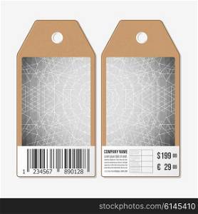 Vector tags design on both sides, cardboard sale labels with barcode. Sacred geometry, triangle design gray background. Abstract vector illustration