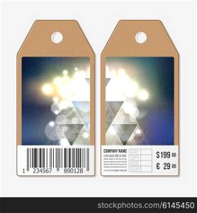 Vector tags design on both sides, cardboard sale labels with barcode. Colorful graphic design, abstract vector background.