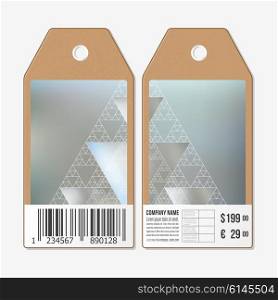 Vector tags design on both sides, cardboard sale labels with barcode. Abstract blurred vector background with triangles and lines