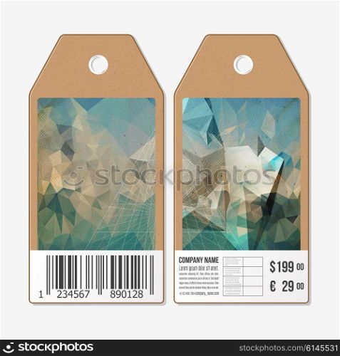 Vector tags design on both sides, cardboard sale labels with barcode. Conceptual design, abstract 3D pyramid, vector illustration.