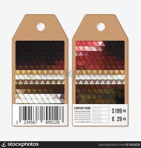 Vector tags design on both sides, cardboard sale labels with barcode. Polygonal design, colorful geometric triangular backgrounds.